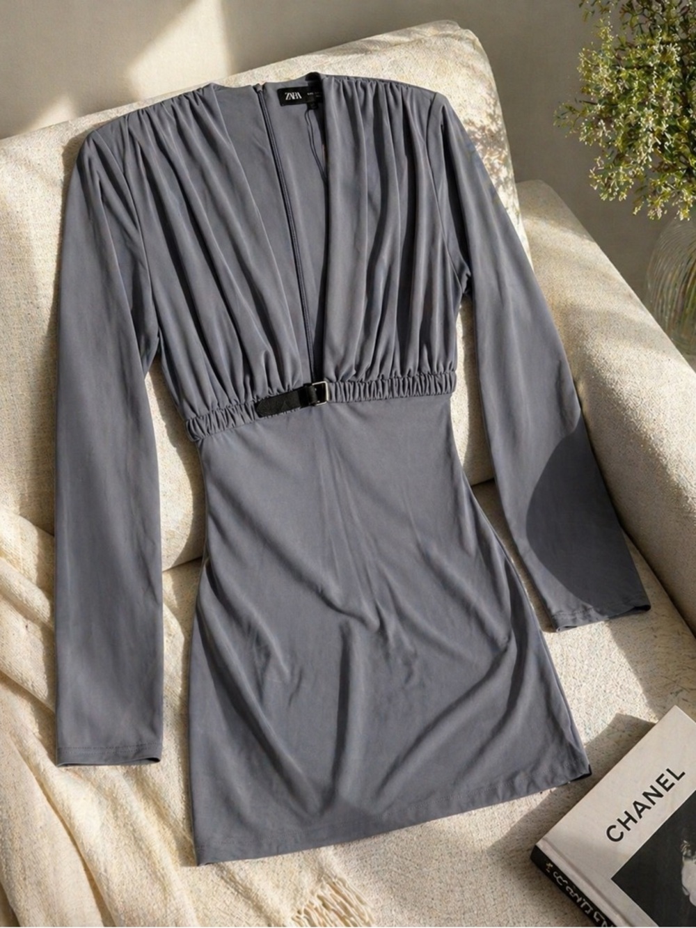 Zara Gray Mini Dress Size M NWOT Long Sleeve V Neck Buckle Waist
